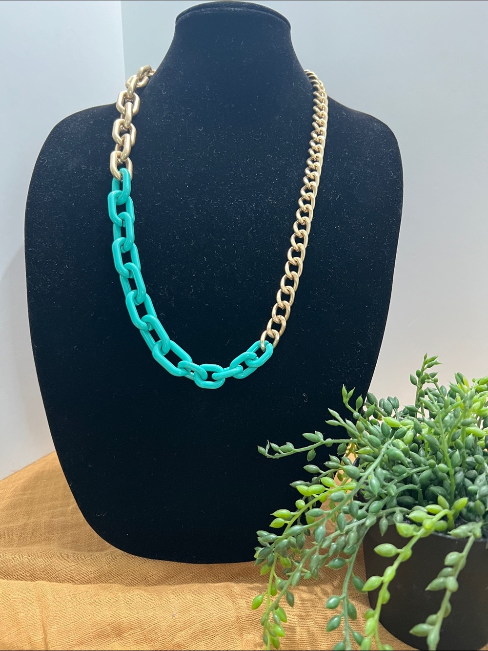 Gold and Teal Chain chunky Link 15” drop Necklace